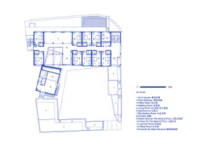 A 2D architectural floor plan of a second-story office space, showcasing an open-plan office layout with steel beams, concret