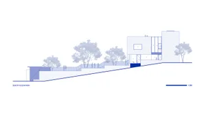 Concrete rendering of a house exterior viewed from the south with a scale of 10 meters.