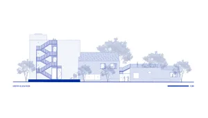 An architectural elevation drawing of a modern residential structure with mixed materials.