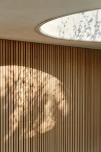 Circular light casting a wooden texture shadow on a wooden wall