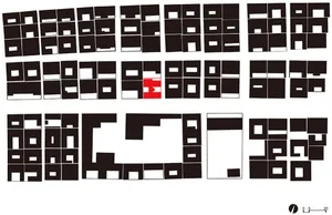 A detailed architectural building plan featuring a series of geometric shapes.