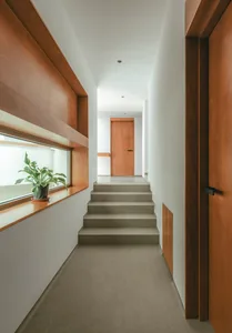 A minimalist hallway with concrete steps, wooden doors, and a window with greenery.