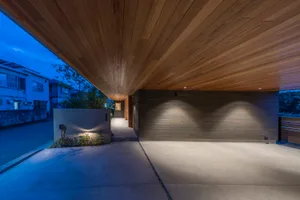 A modern wooden exterior featuring a clean, minimalist design.