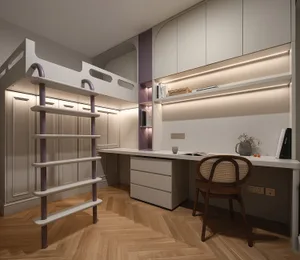 A minimalist bedroom with a white bunk bed, wooden floor, and built-in storage.
