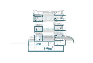Cross-sectional view of a modern residential interior with glass balconies and open spaces.