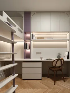 A minimalist study room with modern furniture and lighting.