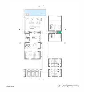 Floor plan of a modern house featuring minimalistic design elements and glass and concrete materials.