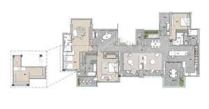 現代住宅公寓的2D建築圖，展示混搭材質，以kebab-case格式呈現。