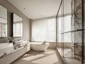 Modern bathroom featuring a freestanding tub, double sinks, and marble accents.