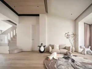 Modern minimalist living room featuring wooden flooring, marble sofa, and abstract rug.