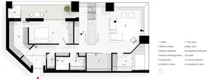 Floor plan of a minimalistic apartment layout featuring a living room, kitchen, dining room, bedroom, and bathroom.