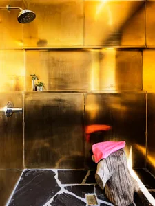 Industrial-style shower enclosure with metallic wall and floor.
