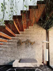 Modern interior design featuring concrete and wooden elements