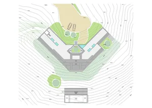 A technical drawing of a modern residential design with landscaped yards.