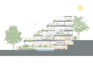 A modern residential architectural section view showcasing glass, concrete, and wooden elements.