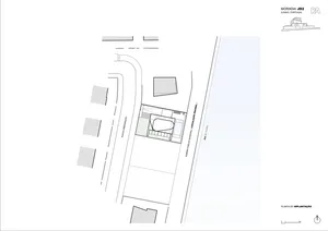 現代住宅建築平面圖，採用混凝土、玻璃與鋼材材質。