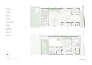 Detailed blueprint of a residential building with concrete floors, featuring various rooms and spaces.