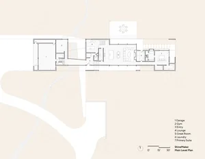 A modern residential floor plan featuring mixed materials and a sleek, open layout.