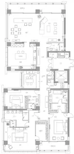 A detailed 2D architectural plan of a modern apartment layout.