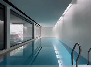 Swimming pool with concrete deck and minimalist design elements.