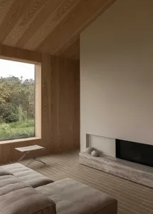 Modern minimalist living room with sleek wood paneling, large windows, and a fireplace.