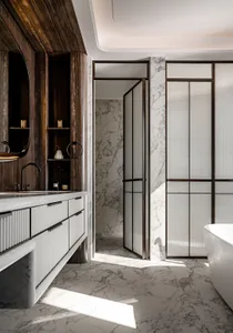 Modern bathroom with marble and wooden finishes
