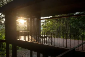 A wooden veranda with a table and chairs under a darkened roof, surrounded by lush greenery, with sunlight illuminating the s