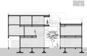 Industrial building with materials and platforms represented in a technical drawing.