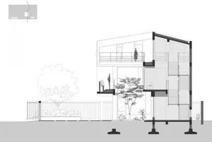 Black and white architectural drawing of a modern residential house