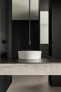 Modern bathroom with a white circular sink on a concrete countertop, black wall panels, and a black faucet.