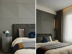 A modern bedroom featuring a textured wall with geometric patterns and a cozy bed setup.