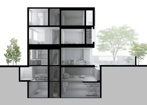 A modern apartment interior showcasing a mix of materials and sleek design elements.