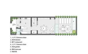 Floor plan of a modern residential building, including kitchen, dining area, and garden.