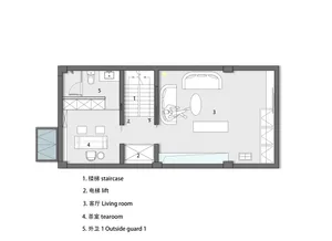 Modern residential floor plan with a staircase and various living areas.