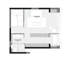 Floor plan of a modern bedroom suite featuring wood, glass, and concrete materials.