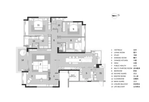 Modern apartment layout with living room, dining room, kitchen, bedrooms, and bathrooms.