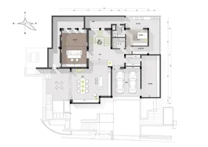 Modern living room with neutral color scheme and layout plan.