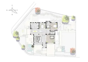 Modern residential house floor plan featuring concrete materials