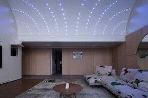 A modern minimalist living room featuring wooden walls and a white couch with floral print. The ceiling is illuminated by sta