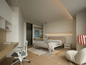 Modern bedroom with wooden elements, featuring a contemporary design and minimalist aesthetic.