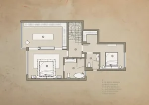 2D architectural drawing of an industrial-style interior space on paper.