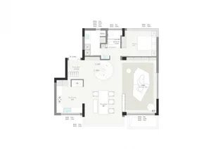 Modern apartment layout with minimalist design, featuring a kitchen, living area, and bedroom with a central staircase and le