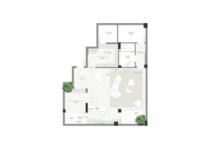 Modern living room floor plan with elegant furnishings and minimalist design.