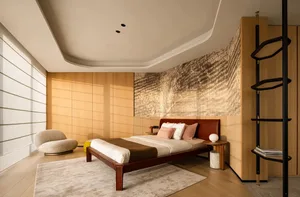A modern bedroom featuring minimalist furniture and a wooden headboard with a fabric bedspread.