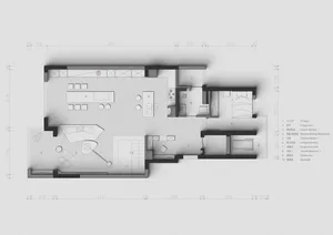 Floor plan of a modern apartment featuring white tiled flooring and black borders outlining rooms.