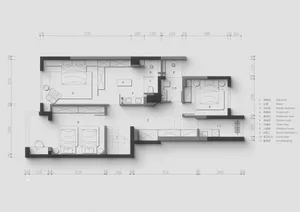 Modern house floor plan with two bedrooms, living room, kitchen, and bathroom.