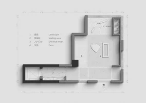 A modern concrete floor plan with a seating area, entrance foyer, and patio.