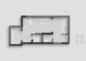 A minimalist black and white architectural floor plan showing a modern residential layout.