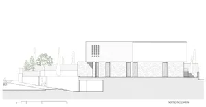 A 2D architectural drawing of a stone exterior house floor plan.