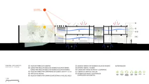 A cross-sectional diagram of a building showing the interior and exterior features.